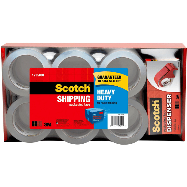 Scotch Heavy-Duty Shipping Packing Tape With Dispenser, 1-7/8" x 54.6 Yd., Pack Of 12 Rolls