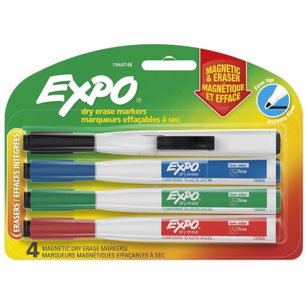 EXPO Magnetic Dry Erase Markers With Eraser, Fine Tip, Assorted Ink Colors, Pack Of 4