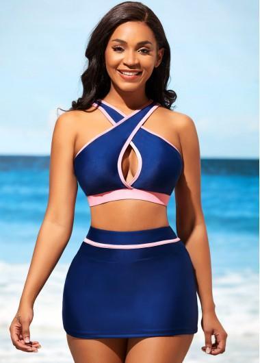 Modlily Navy Blue Contrast Stitch High Waist Bikini Set - S