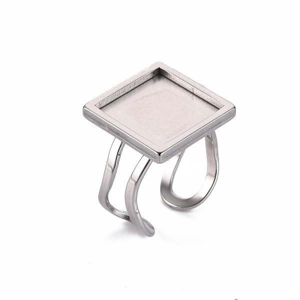 PandaHall 201 Stainless Steel Cuff Pad Ring Settings, Laser Cut, Square, Stainless Steel Color, Tray: 14x14mm, US Size 7 1/4(17.5)~US Size 8...