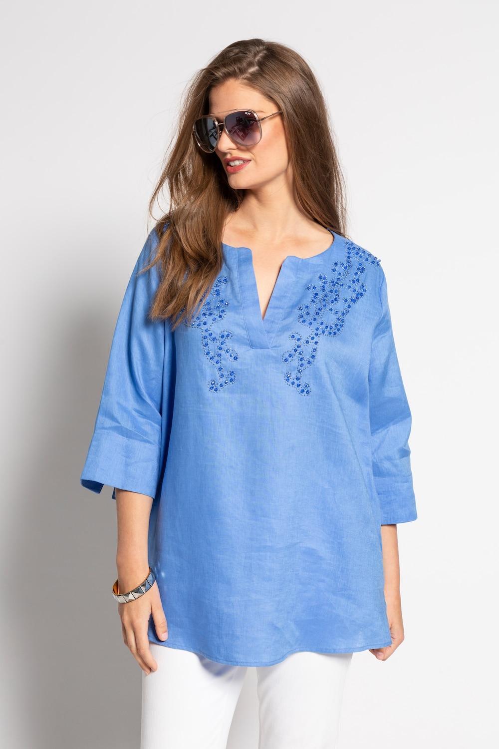 Embroidered Linen Open Round Neck Blouse