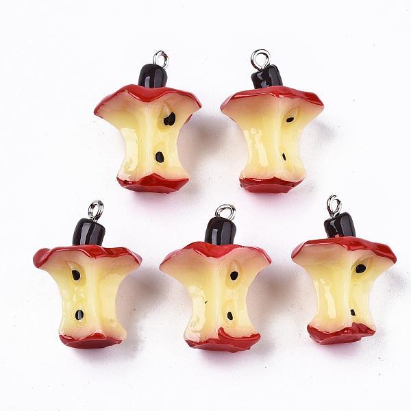 PandaHall Resin Pendants, with Platinum Tone Iron Loops, Apple, Light Khaki, 26~27x19~20x19~20mm, Hole: 2mm Iron+Resin Fruit