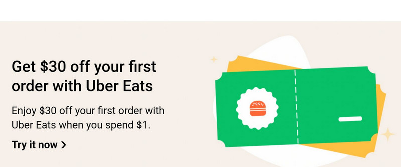 Uber Eats $30 OFF promo code first order
