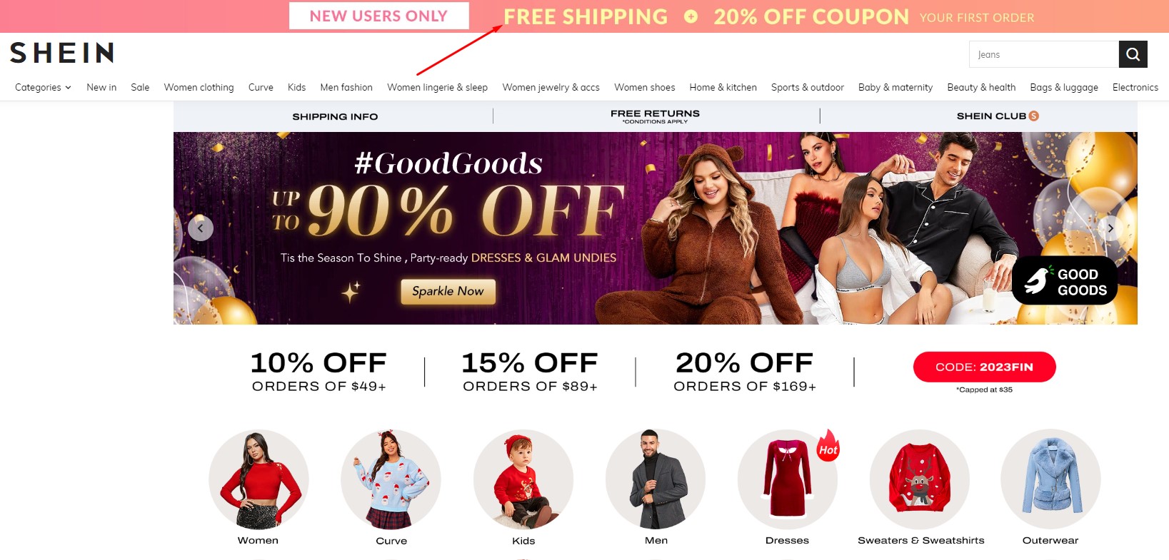 Shein free shipping and 20% off